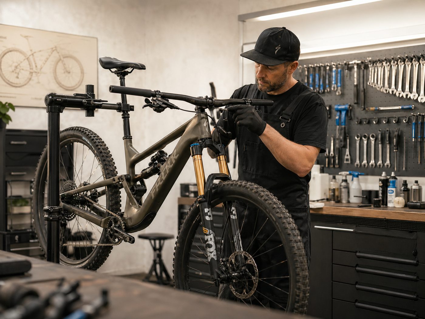 Mechanik pracuje na horskom bicykli v dielni